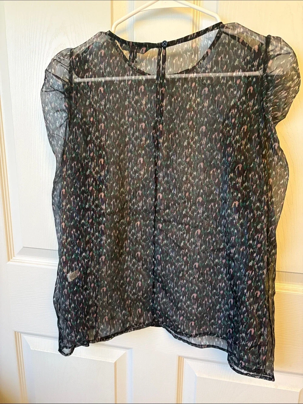 Banana Republic Black Sheer Multicolor Printed Puff-Sleeve Blouse